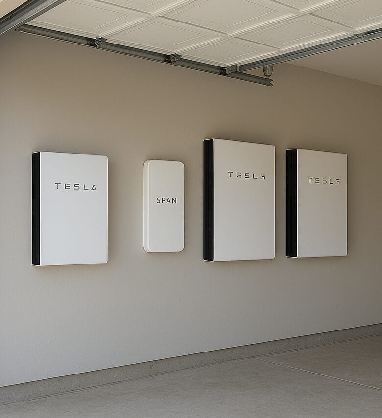 Wall-mounted Tesla Powerwall batteries installed inside a residential garage.