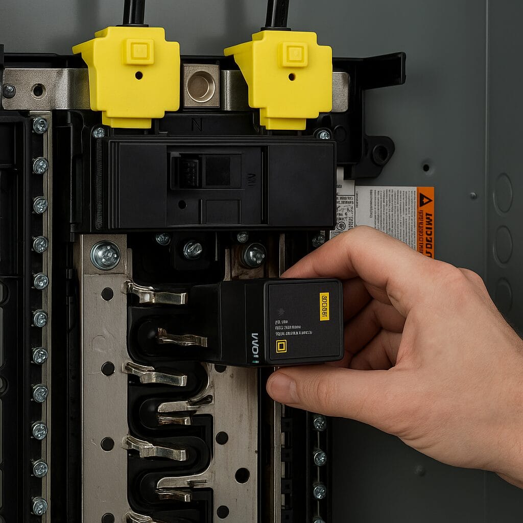 Whole-home surge protector installed in a Sacramento home’s electrical panel, protecting appliances, solar panels, and batteries from power surges.