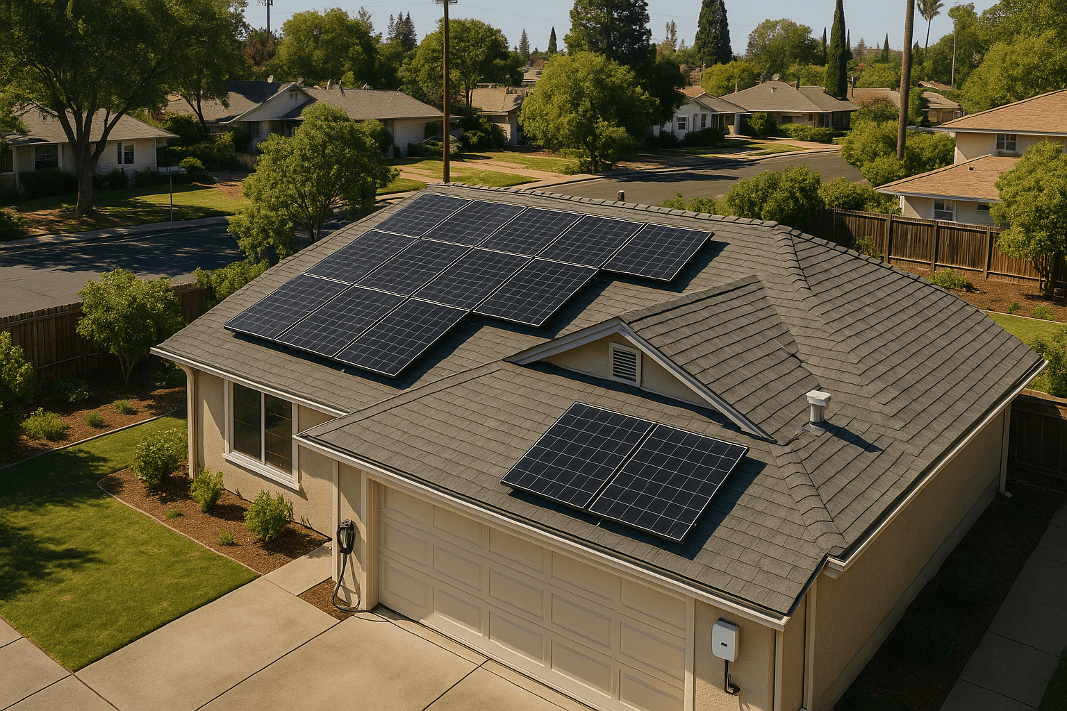 Residential home in Sacramento with rooftop solar panels installed on multiple roof sections.