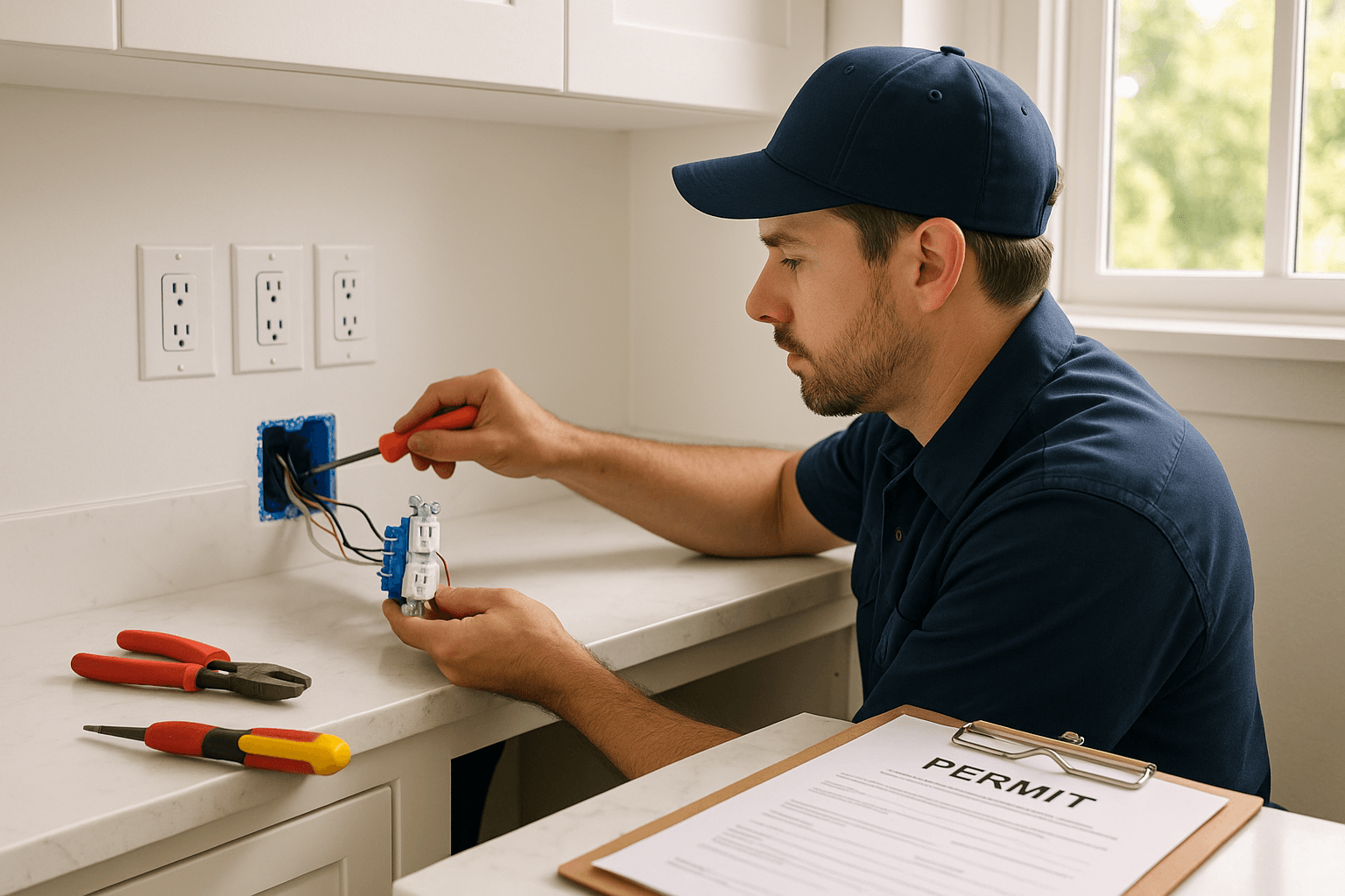 Licensed electrician upgrading outlets in a Sacramento home to meet California Electrical Code, ensuring safety and compliance.
