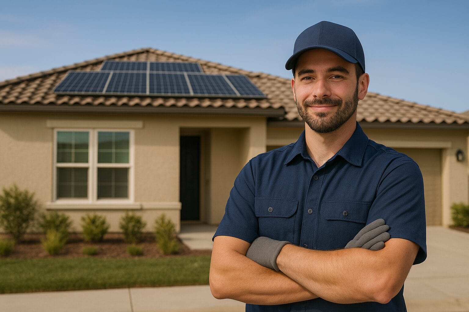 Solar technician standing confidently in front of a Sacramento home with rooftop solar panels installed.