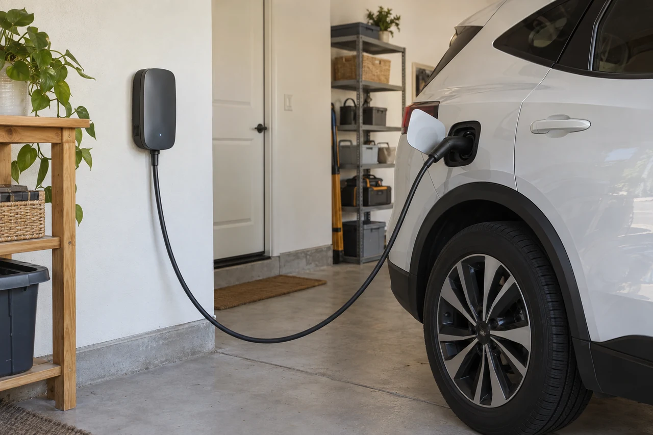 Wall-mounted EV charger with a vehicle connected in a home garage