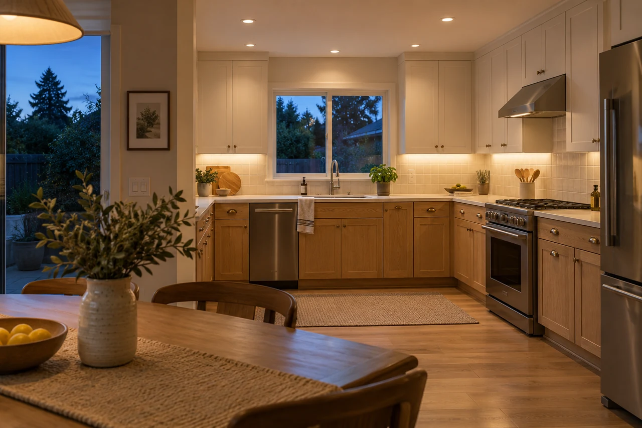 Kitchen with recessed lighting and warm under-cabinet lights