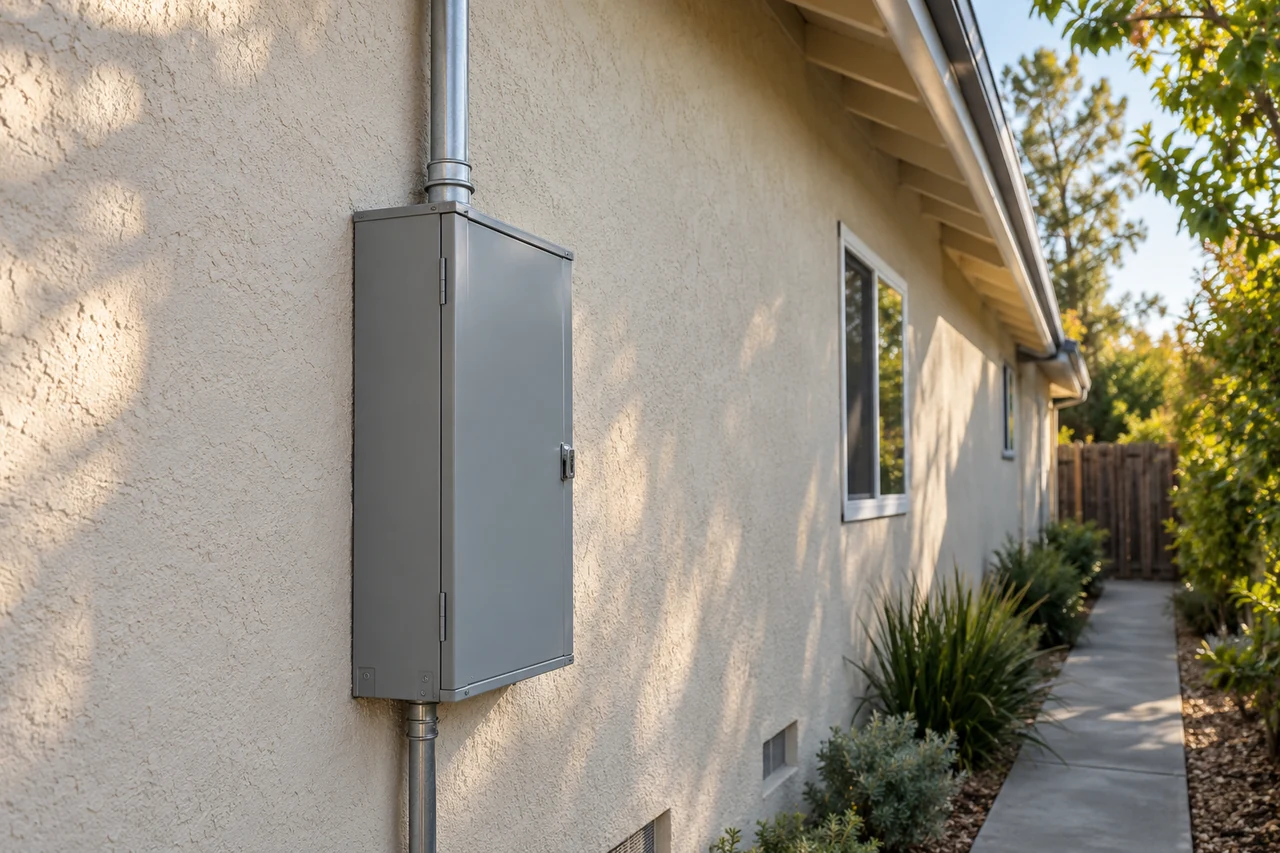 Closed electrical panel on the exterior wall of a California home