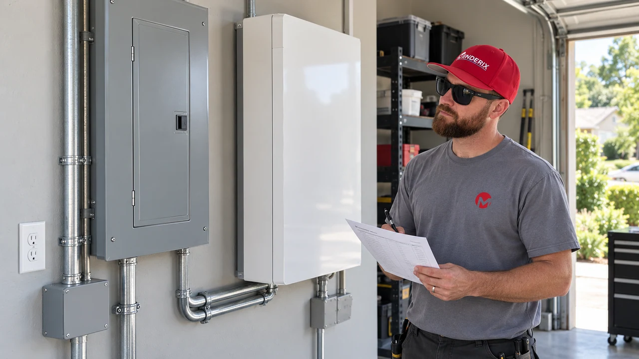 Electrician reviewing a closed backup load panel beside installed home battery equipment