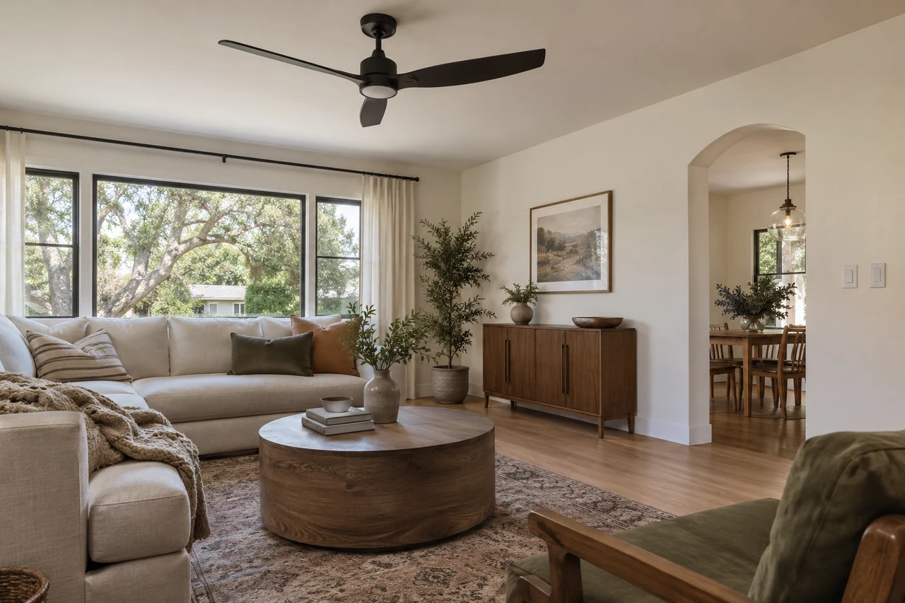 Ceiling fan above a bright living room with separate wall controls.