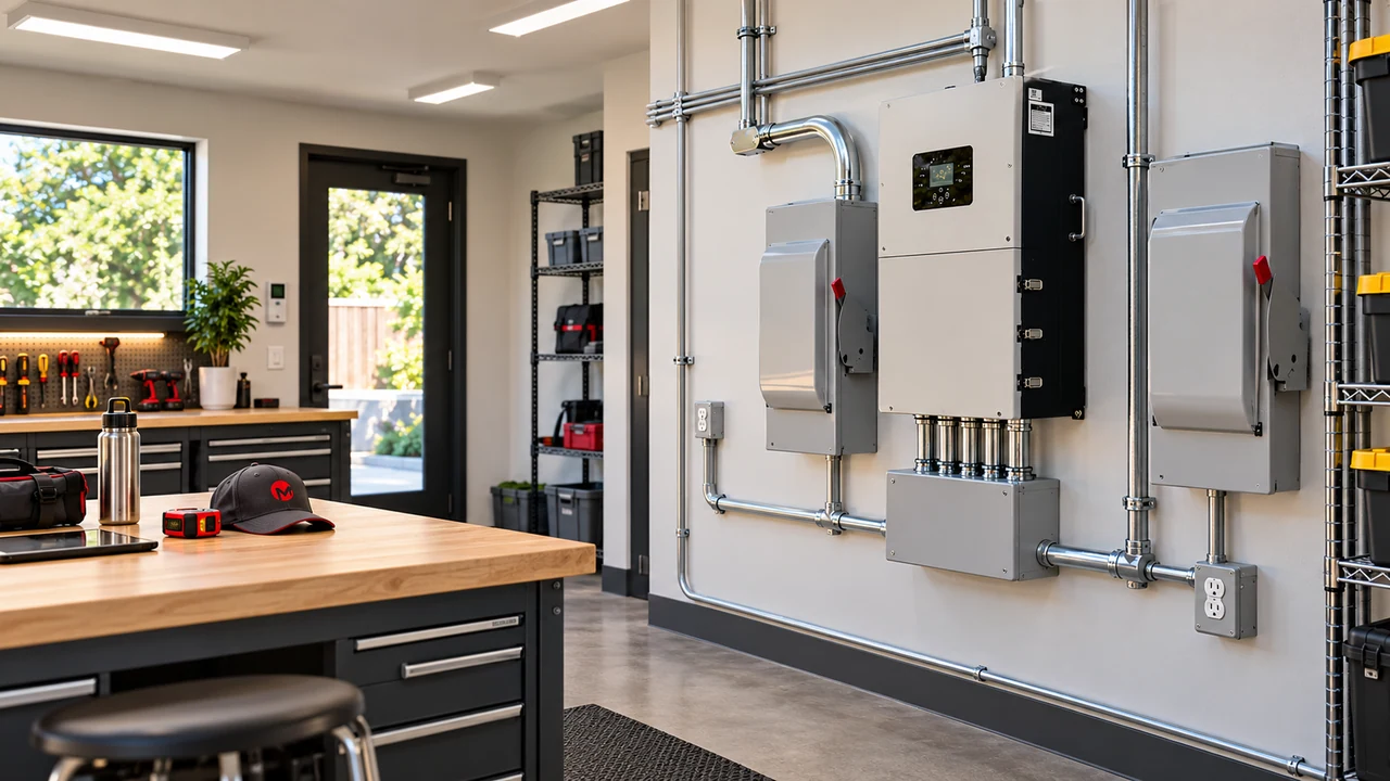 A finished small commercial workspace with coordinated ceiling lighting and work-area power