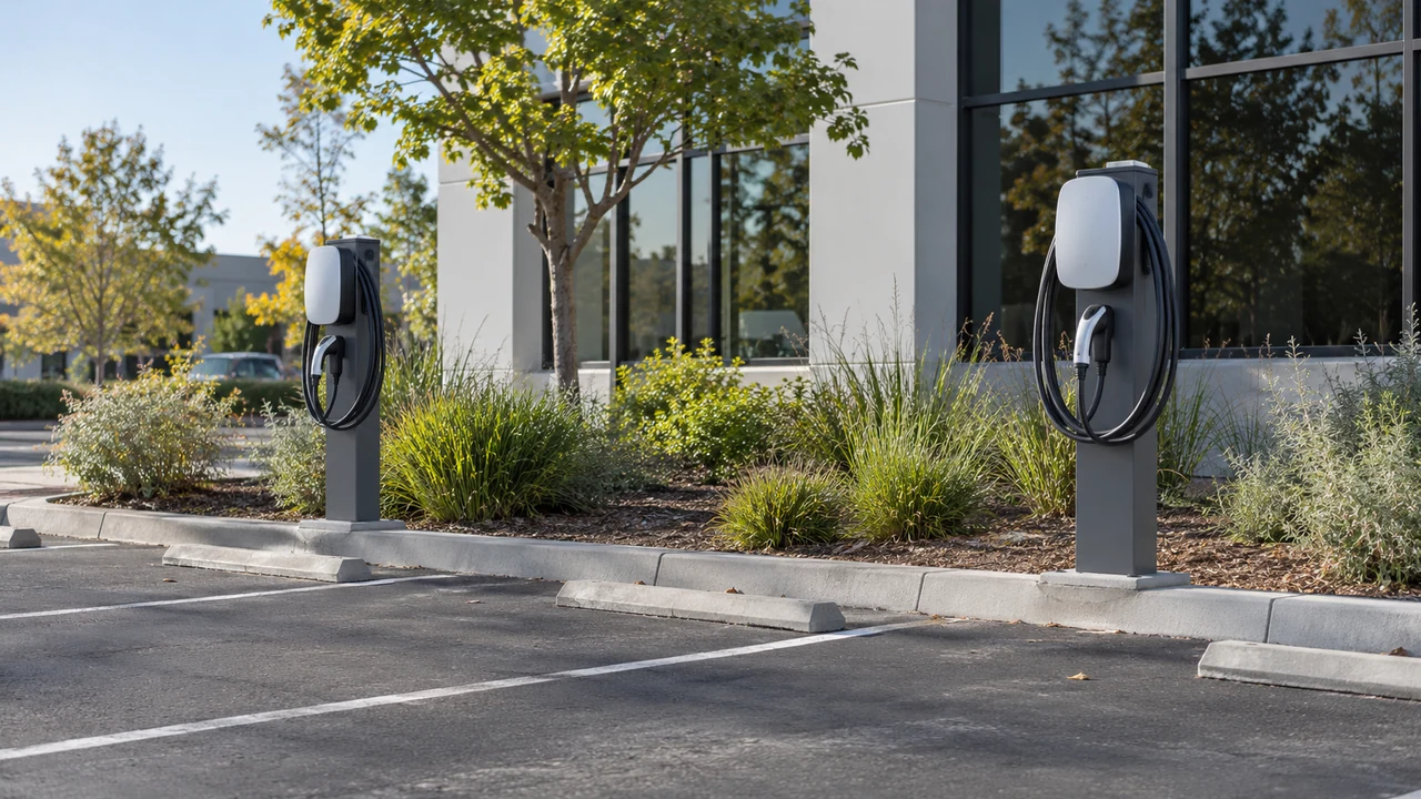 A completed pair of charging stations beside a Sacramento office parking area.