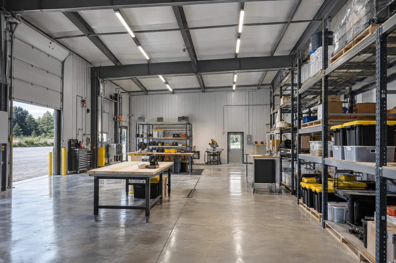 Completed LED lighting installation above an organized commercial workspace.