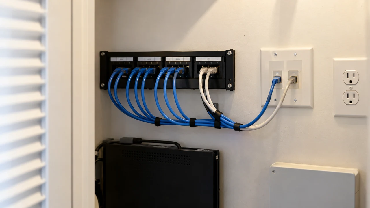 Two-port Ethernet wall outlet with one blue cable connected beside a home-office desk.