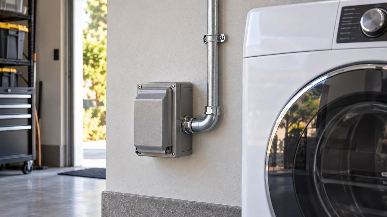Finished garage wall with a dedicated covered 240V receptacle and neatly routed conduit.
