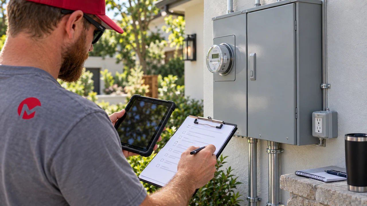 Electrician comparing a property inspection report with accessible electrical equipment.
