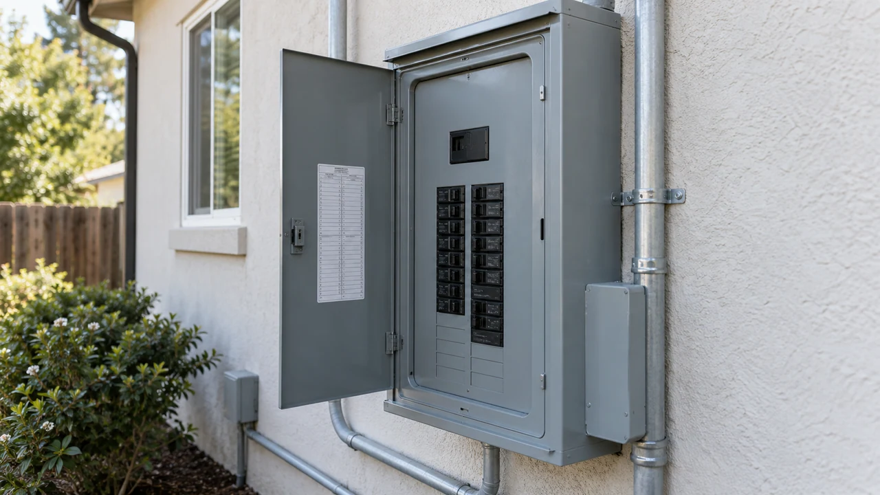 A finished residential breaker panel with neatly arranged breakers and a circuit directory