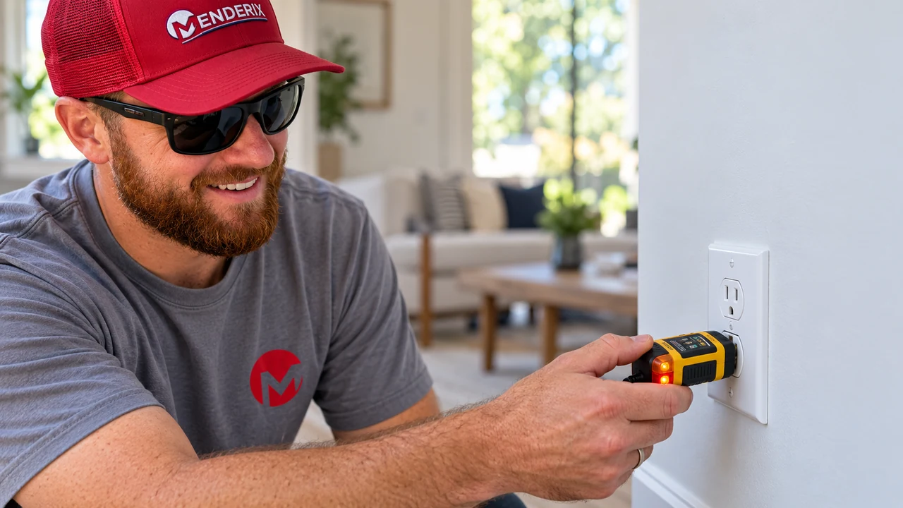 Electrician checking a finished wall outlet using an enclosed plug-in test instrument