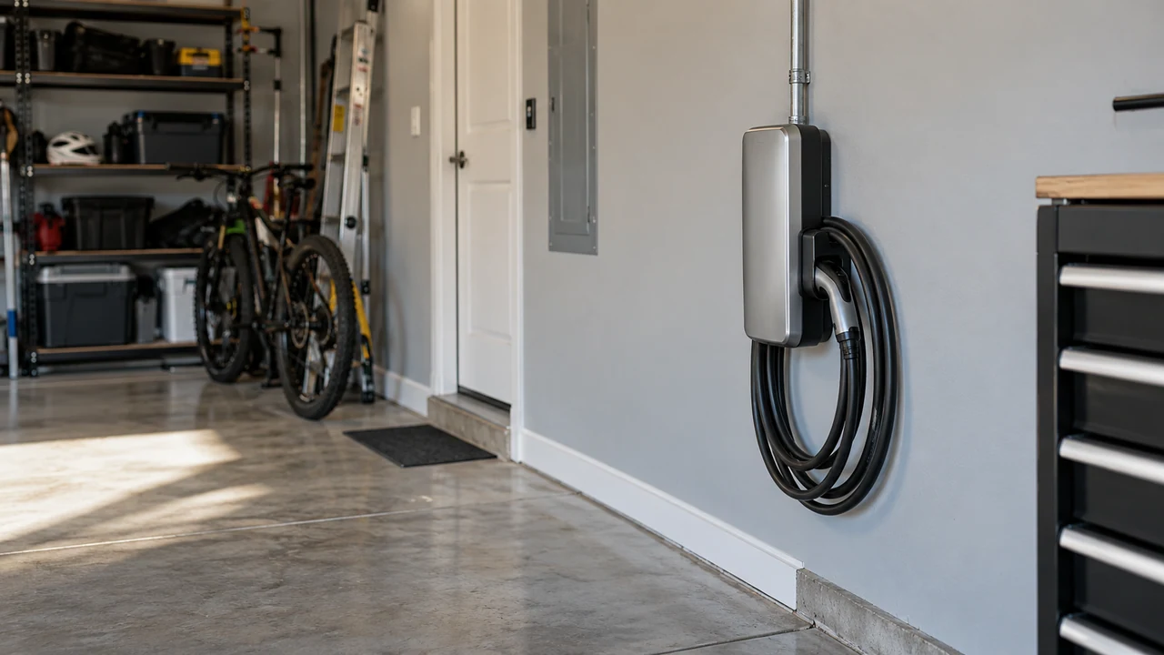 A neatly installed home EV charger with its cable stored beside the parking space