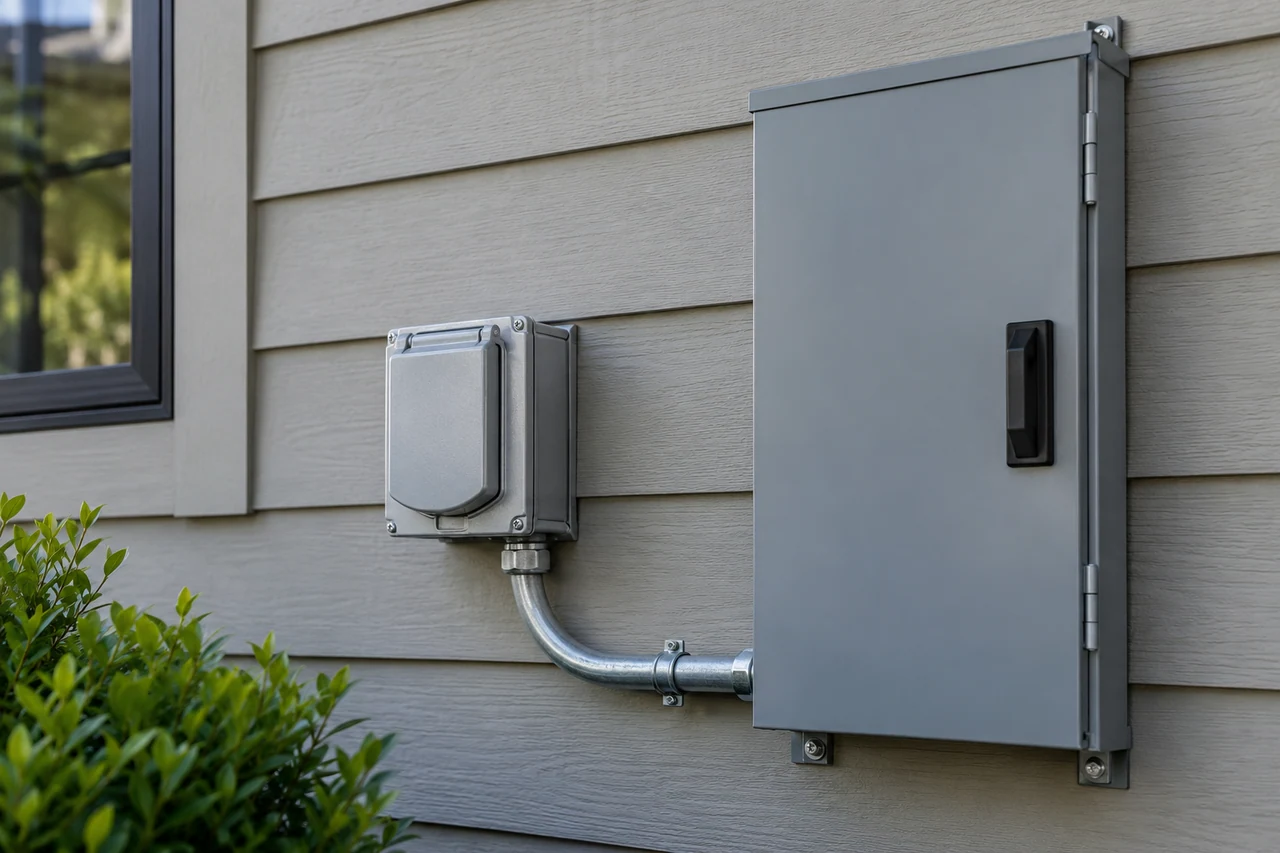 Covered generator inlet and closed transfer equipment installed on a house exterior.