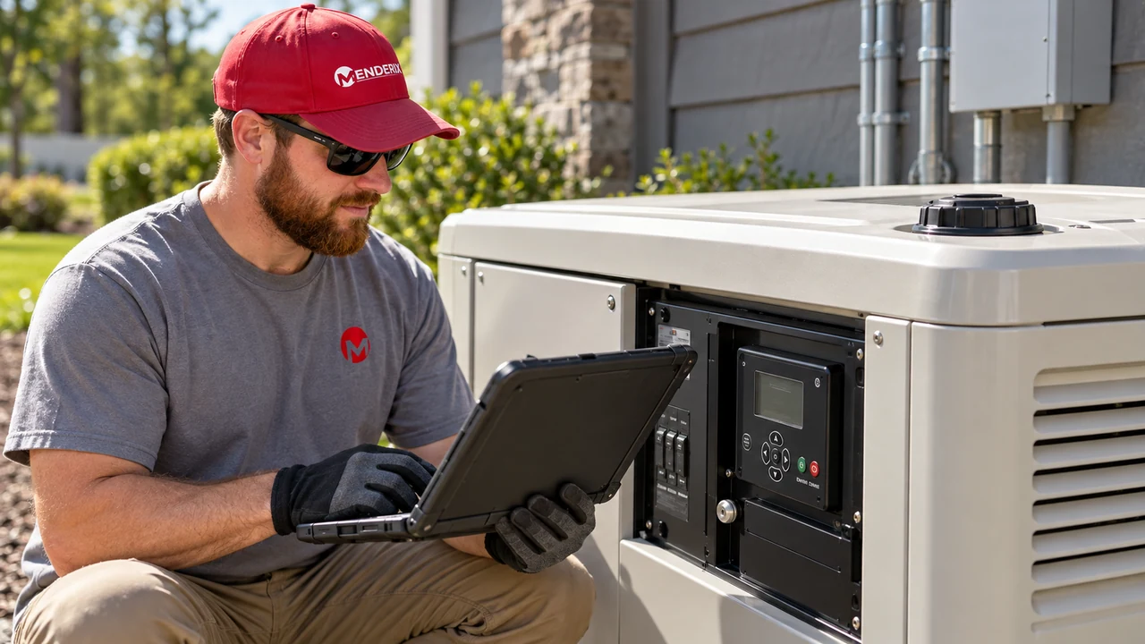 Technician reviewing a generator control display and service information.