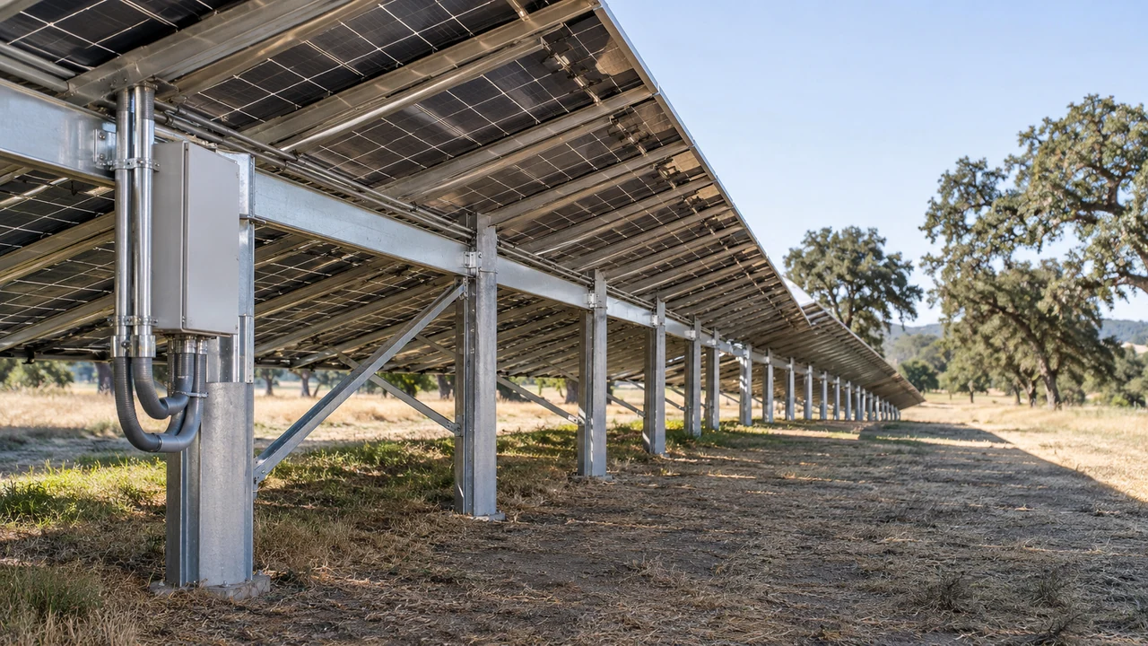View along the supporting structure beneath a ground-mounted solar array with clear maintenance access