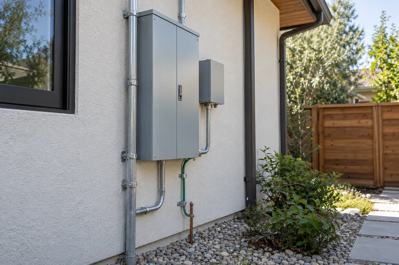 Closed exterior electrical cabinet with protected conduit and a covered ground-level access point.