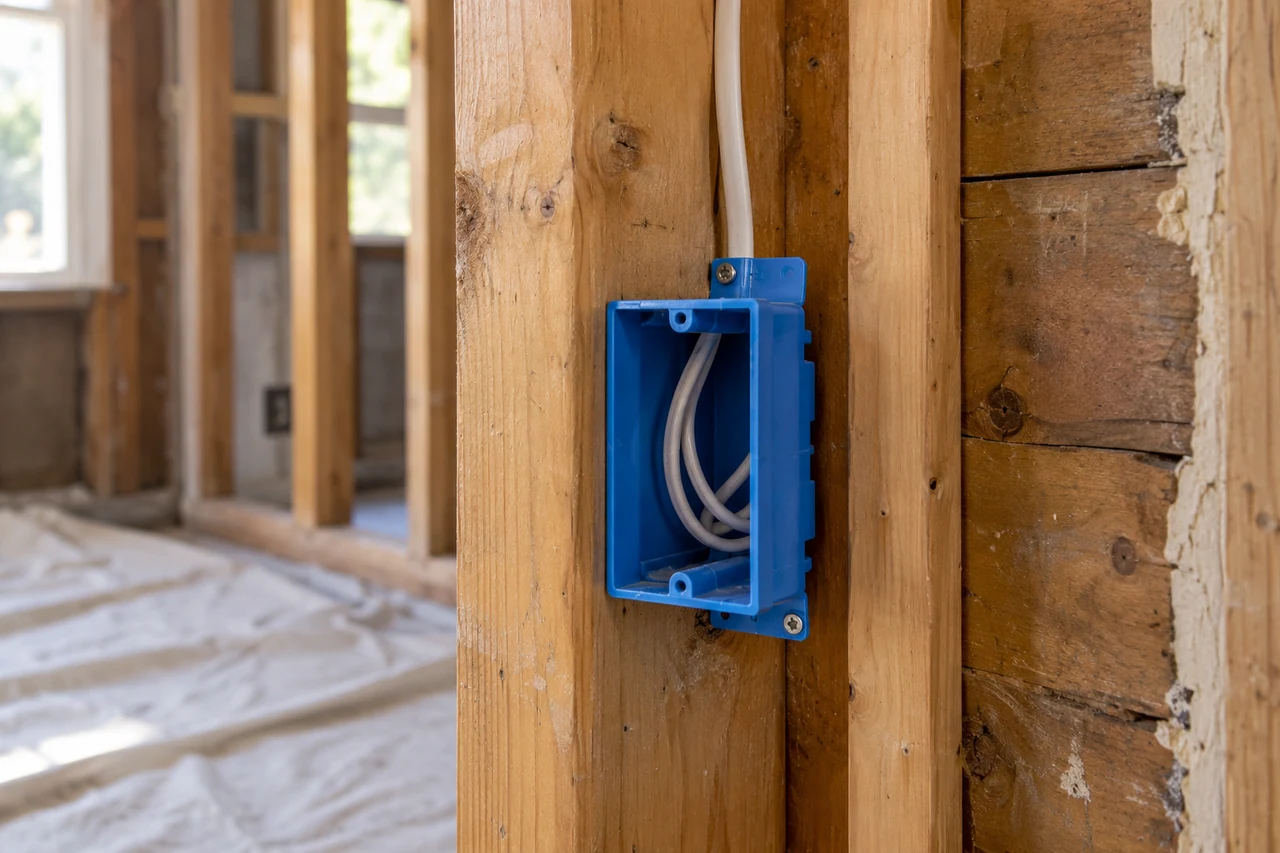 Neatly routed new wiring in an unfinished residential wall before drywall installation