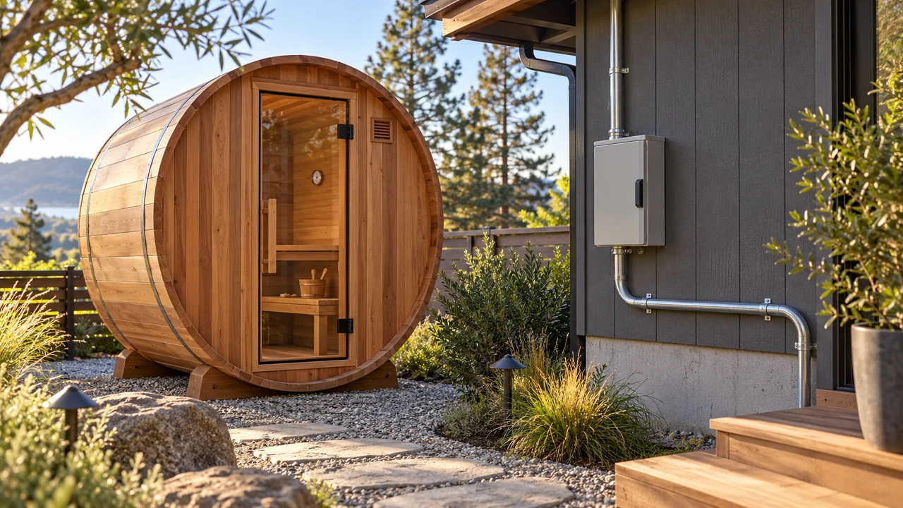Outdoor sauna beside a house with enclosed electrical equipment and neatly routed conduit.