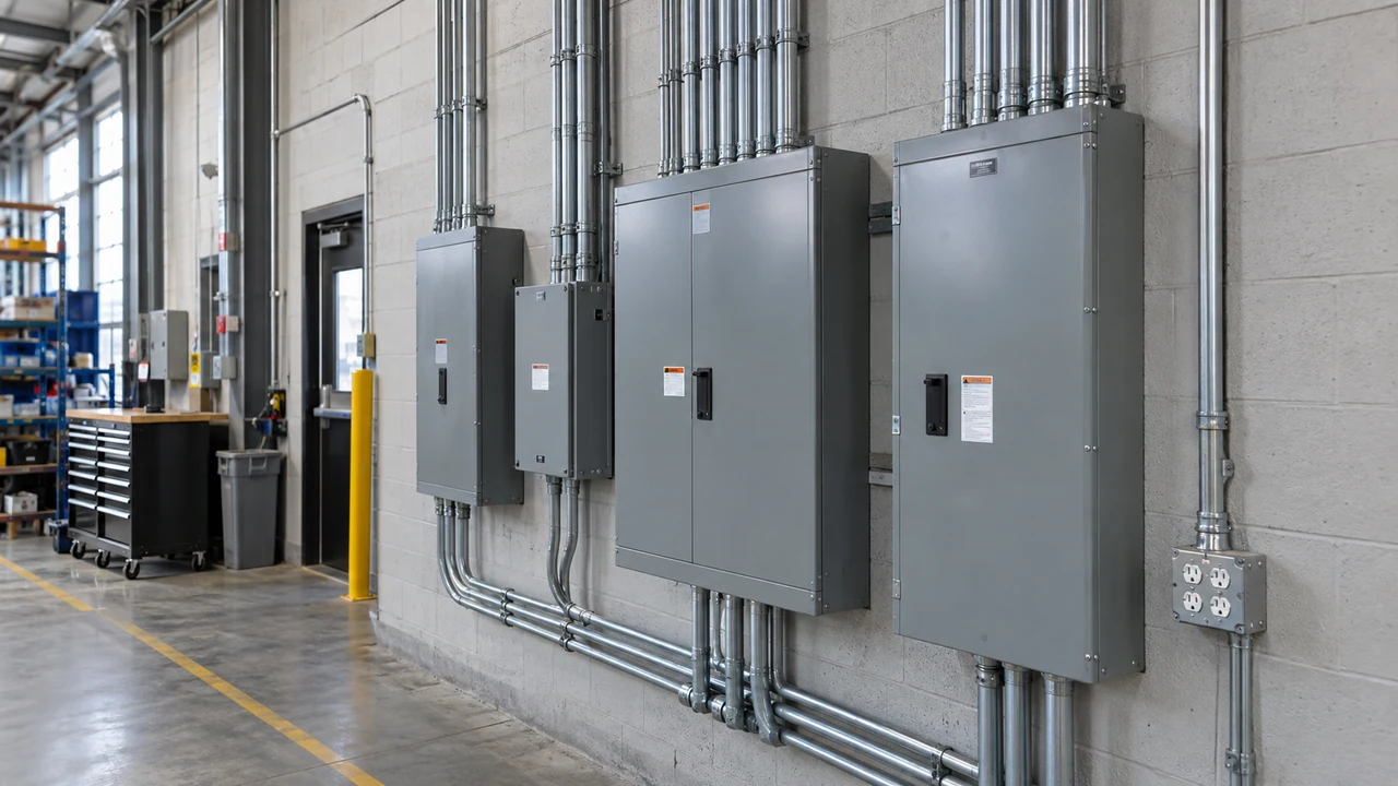 Neatly arranged closed electrical distribution equipment in an industrial facility.