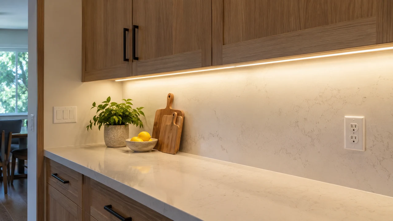Detailed view of warm under-cabinet lighting illuminating a kitchen work surface evenly