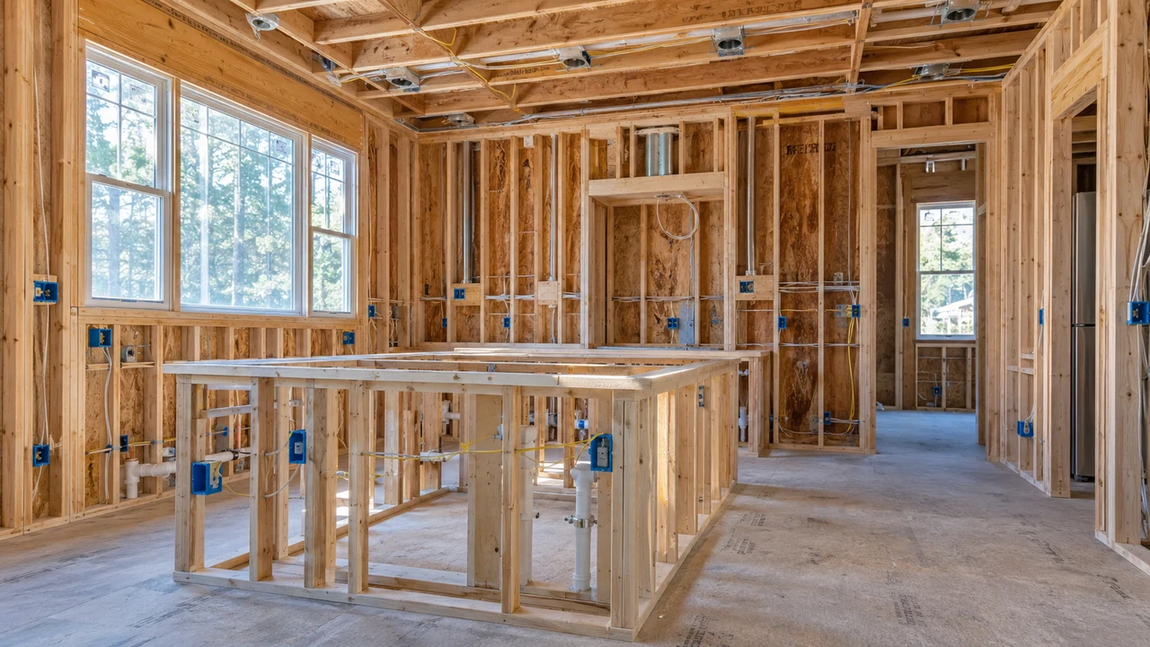 A residential room at rough-in stage with orderly electrical boxes and cable routes