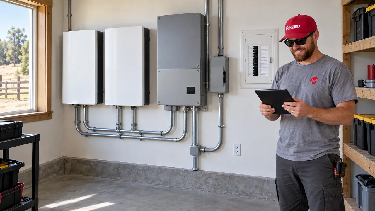 Organized inverter and battery equipment in a clean utility room for an off-grid property