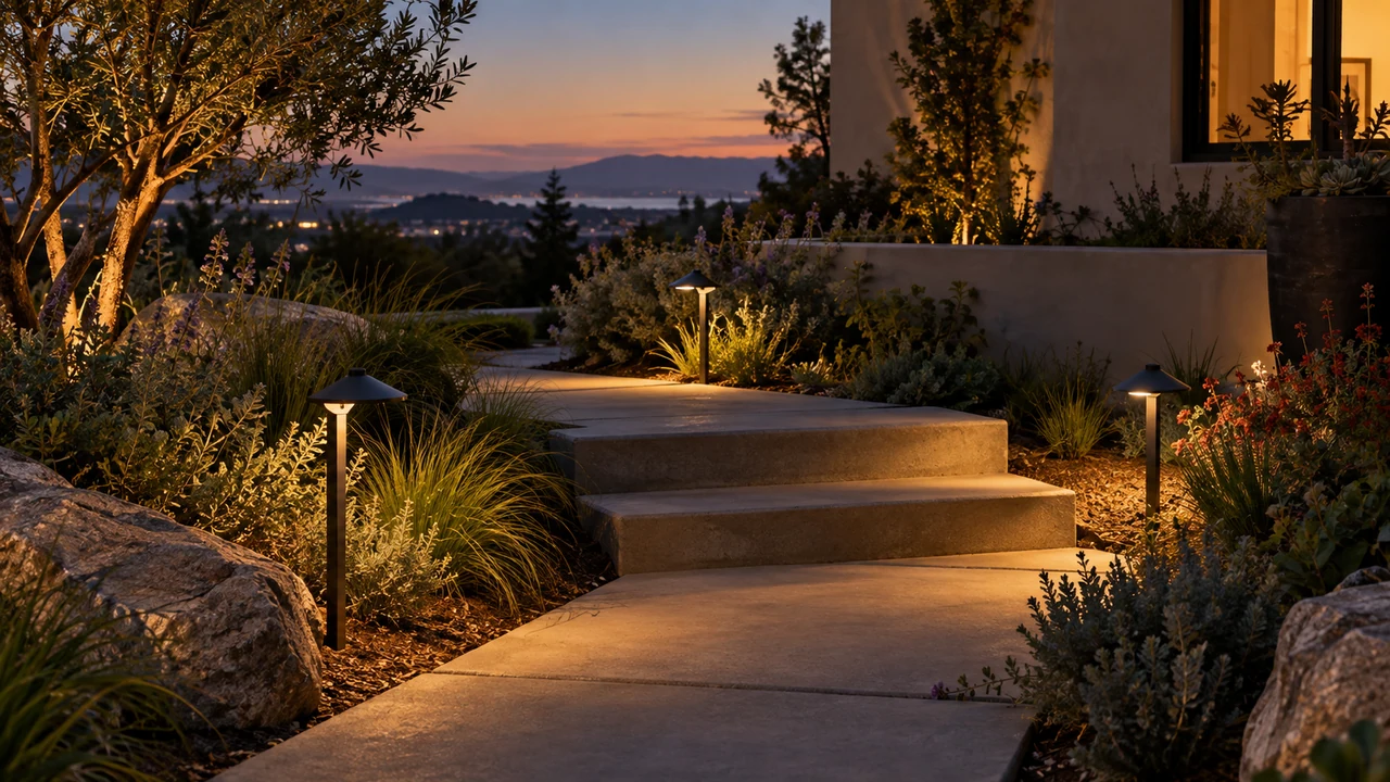 Low-glare landscape lighting along a planted walkway with evenly illuminated steps