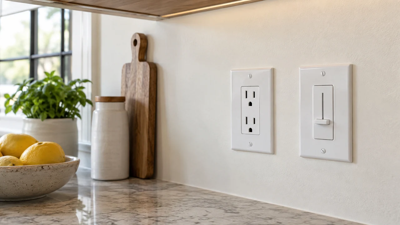 A neatly finished wall with an outlet and matching light controls beside a kitchen counter