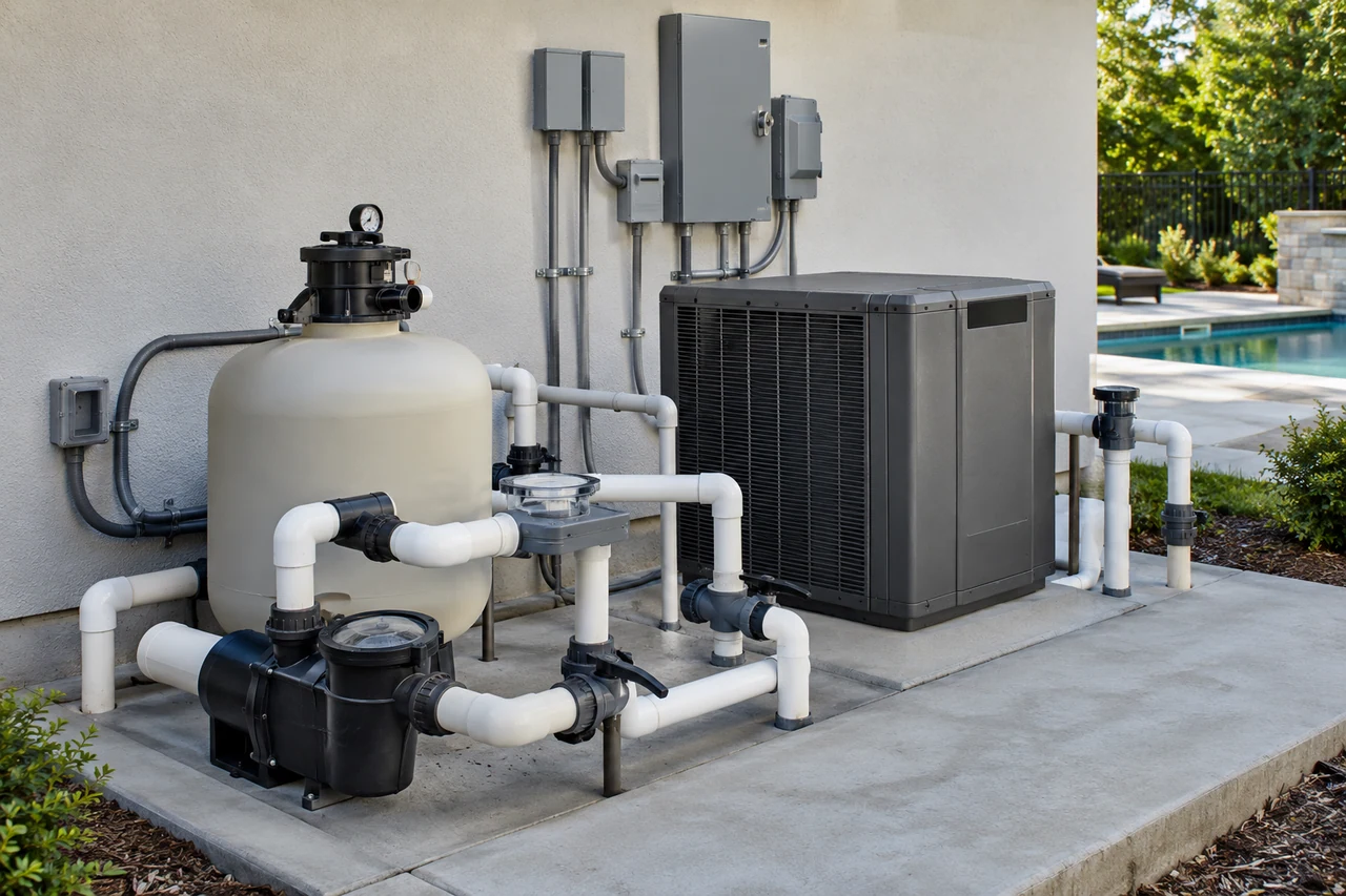 Organized pool equipment pad with pump, heater and closed electrical disconnects.