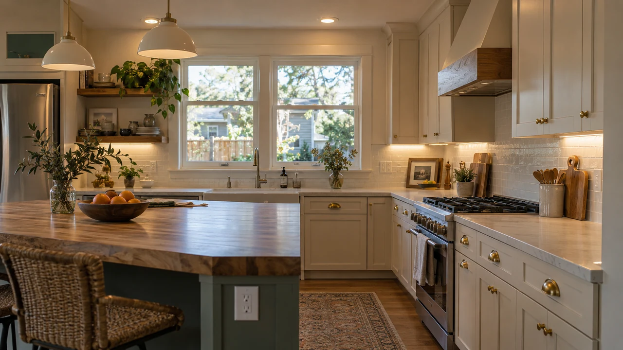 Finished kitchen with thoughtfully placed lighting and wall outlets