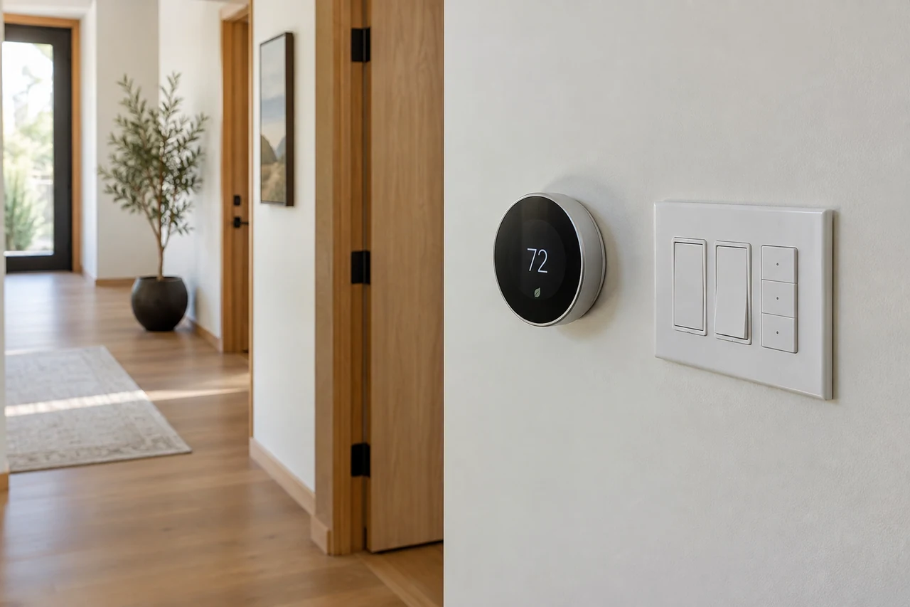 Smart thermostat and wall controls installed in a finished home interior.