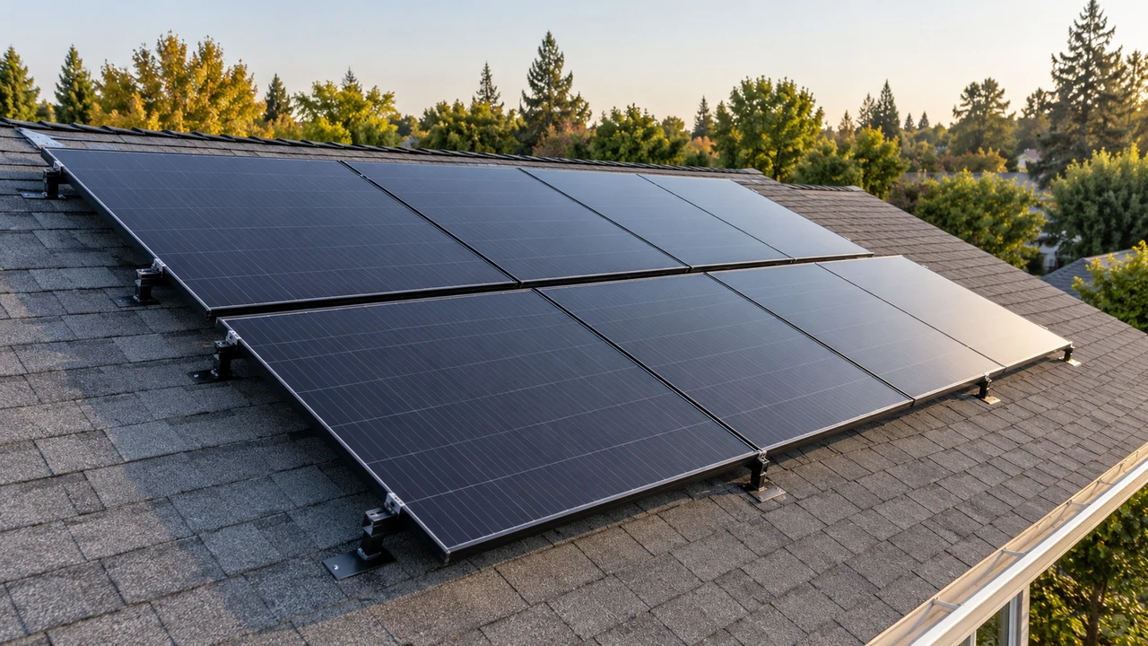 Close view of orderly solar panel rows mounted above a shingle roof