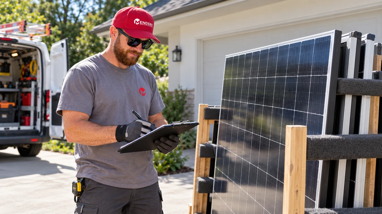 A technician documenting solar panels on a protected storage rack at ground level