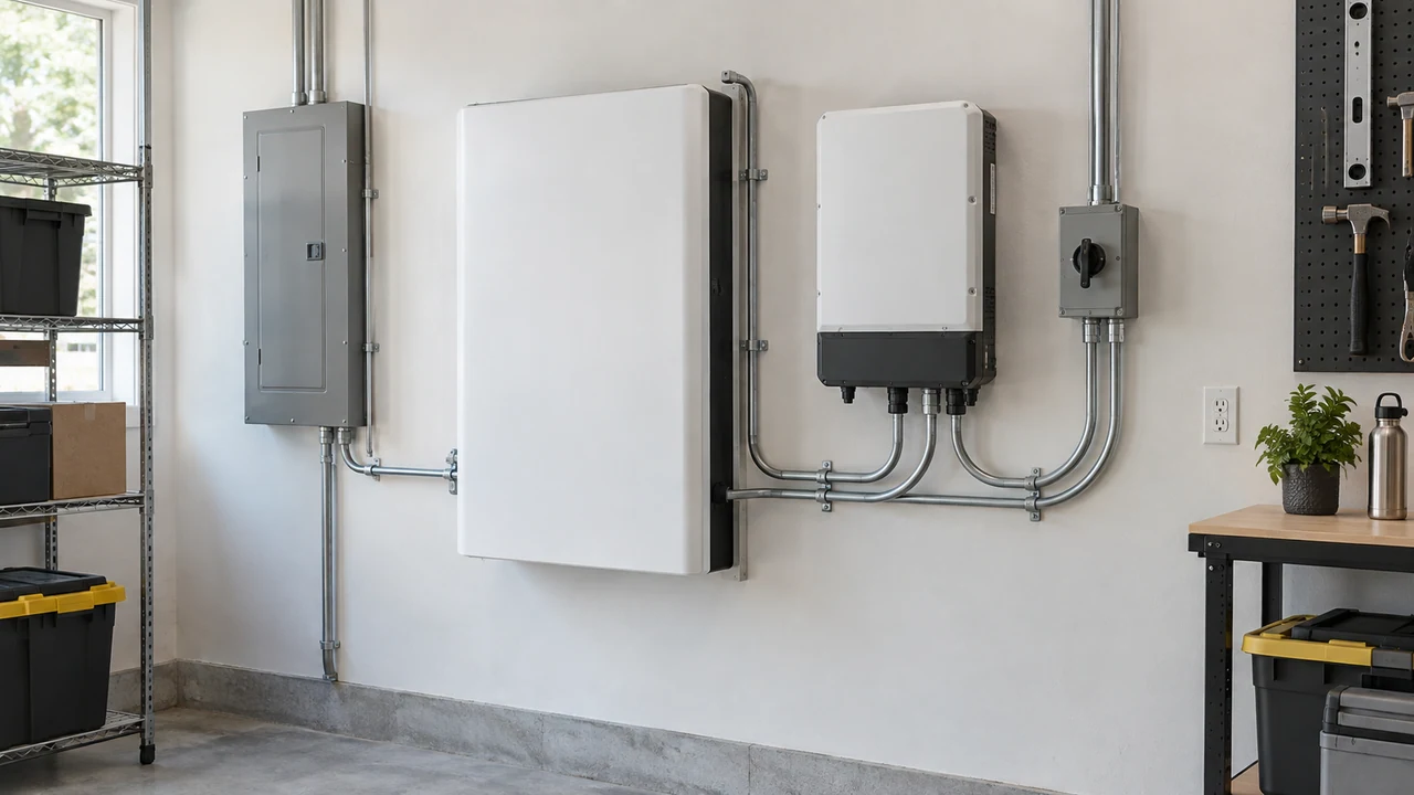 Installed home battery and inverter equipment in a garage