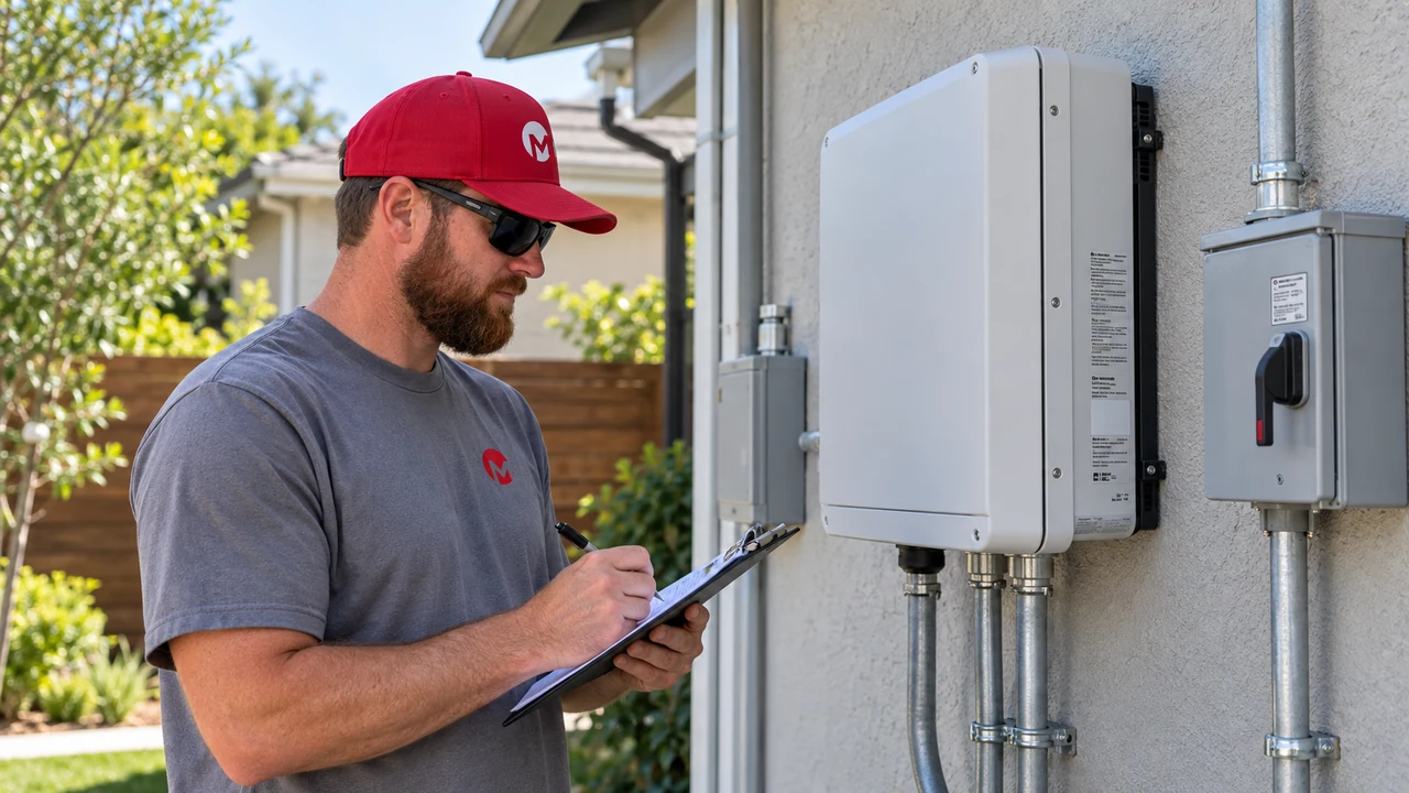 Close service view of a closed solar inverter with a technician recording its equipment information