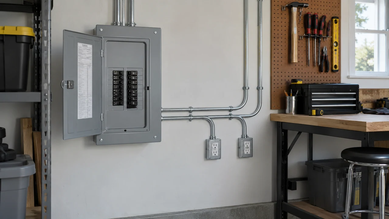 A compact finished electrical subpanel installed on a workshop wall with orderly conduit