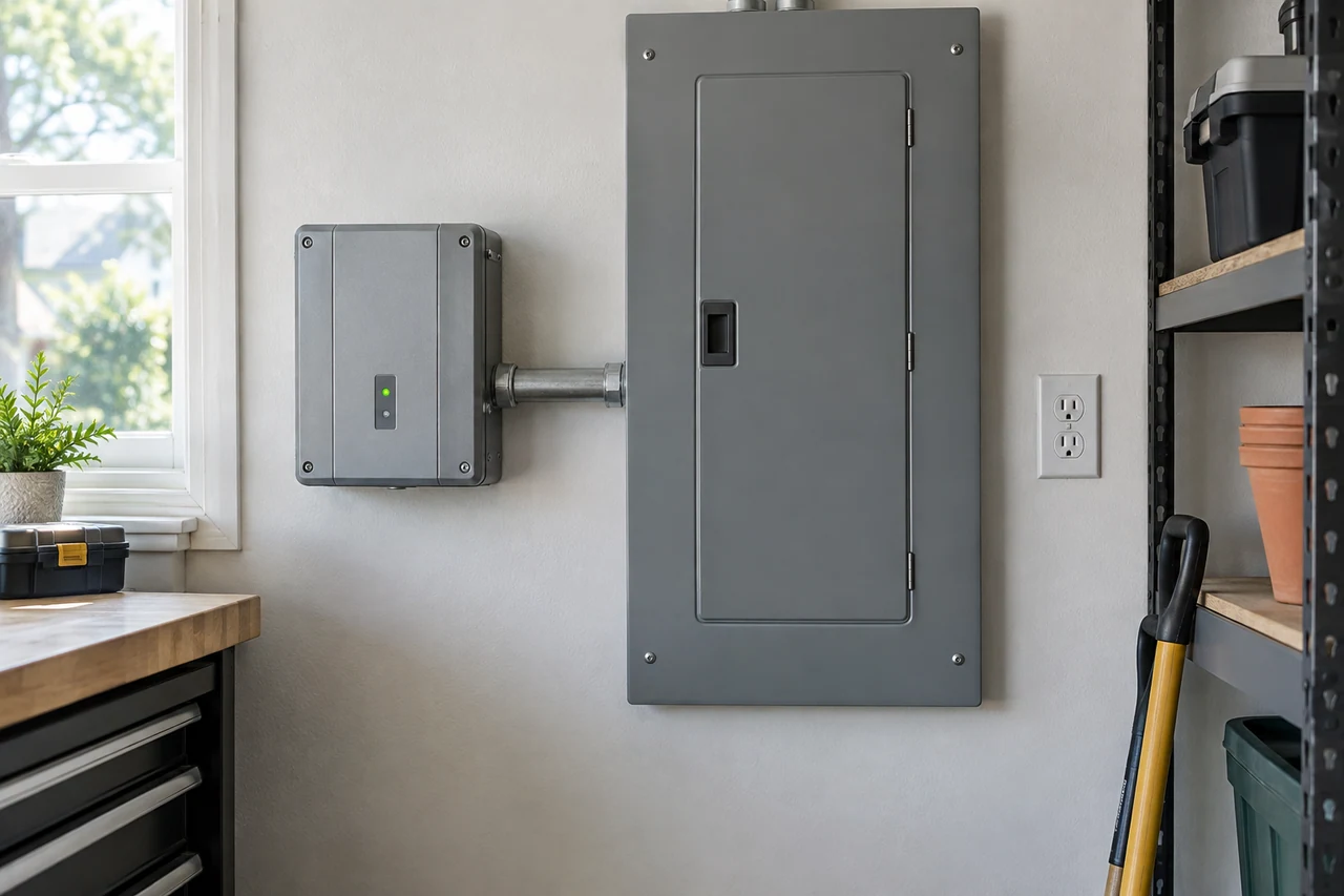 Surge protective device mounted neatly beside a closed residential electrical panel.