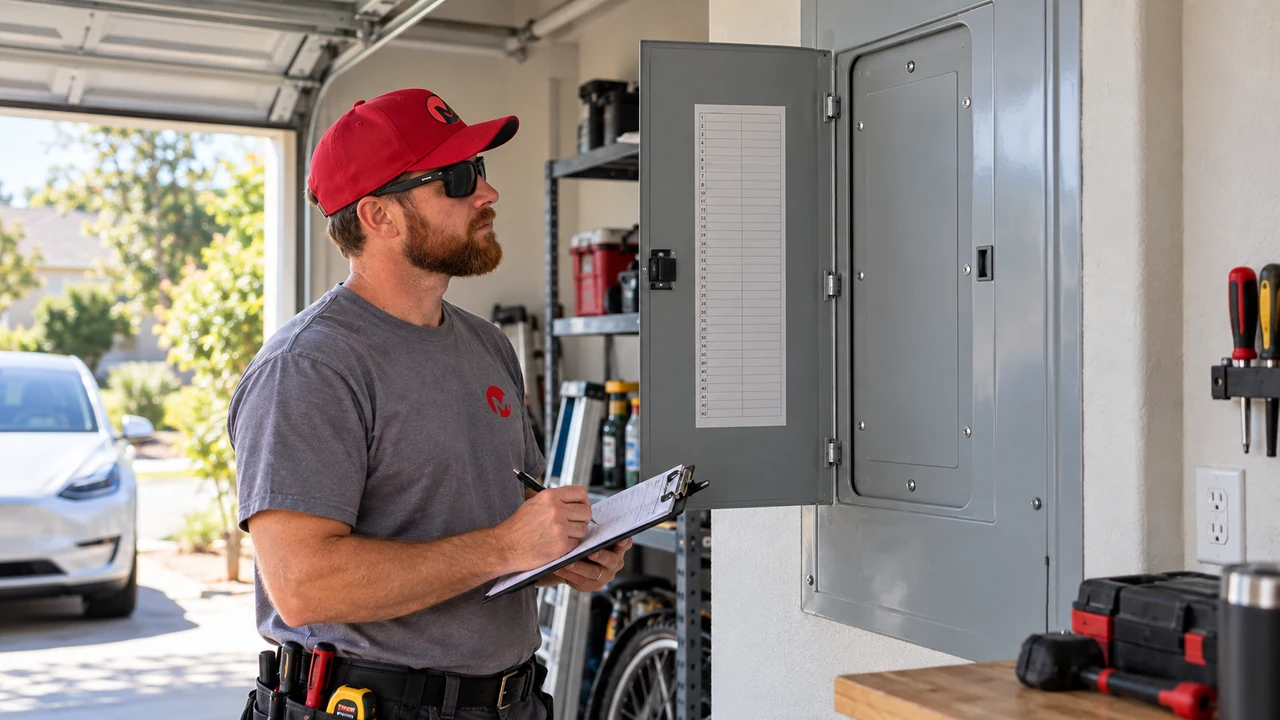 Electrician reviewing a residential circuit panel with all protective covers in place