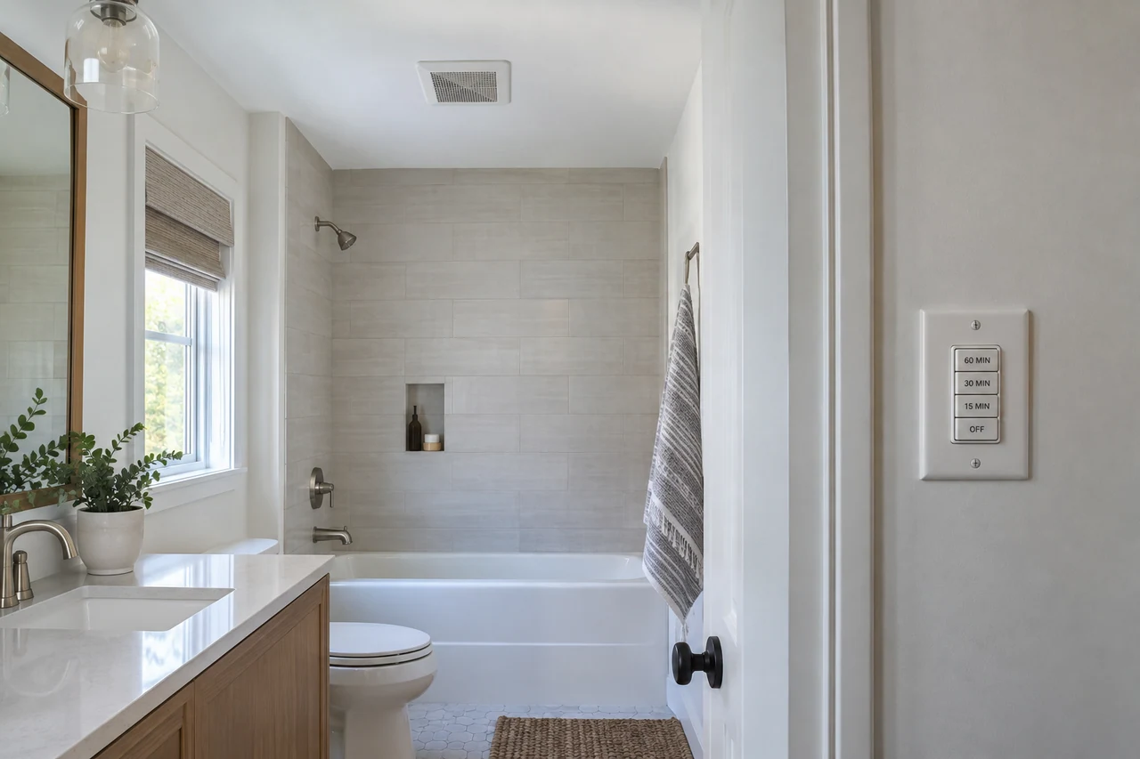 Bathroom ceiling exhaust fan with a separate wall-mounted timer control.